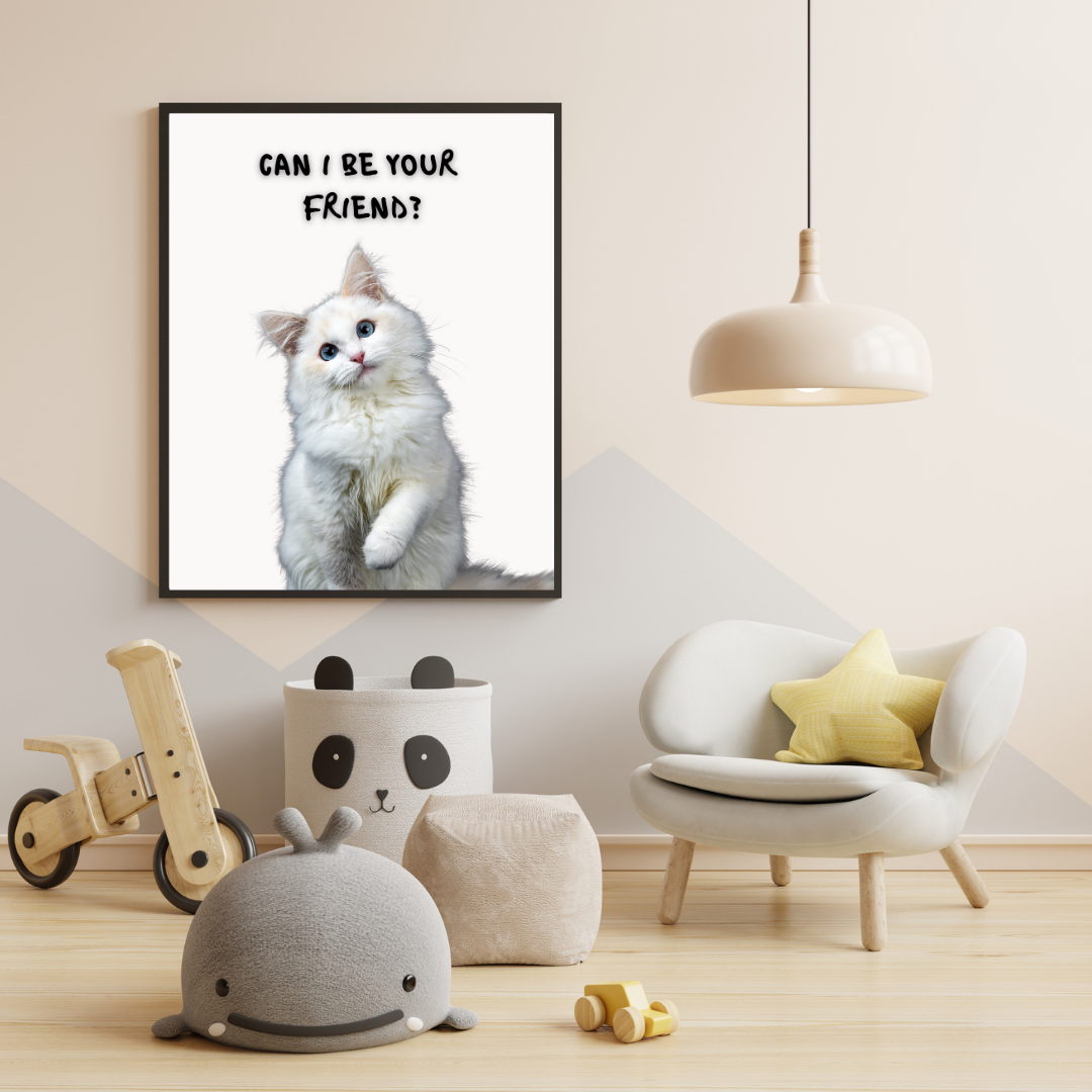 "Can I Be Your Friend?" Cute Fluffy White Kitten Digital Wall Art | Whimsical Animal Print for Cat Lovers, Kids’ Rooms & Nurseries - Image 2