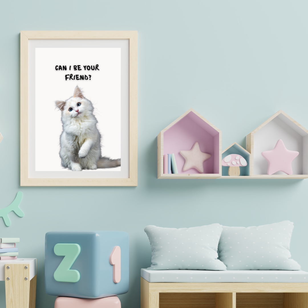 "Can I Be Your Friend?" Cute Fluffy White Kitten Digital Wall Art | Whimsical Animal Print for Cat Lovers, Kids’ Rooms & Nurseries - Image 3