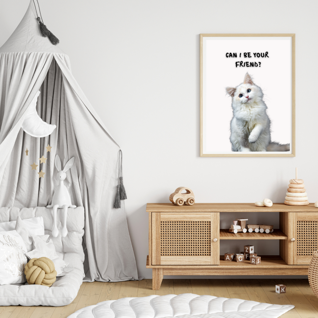 "Can I Be Your Friend?" Cute Fluffy White Kitten Digital Wall Art | Whimsical Animal Print for Cat Lovers, Kids’ Rooms & Nurseries - Image 4